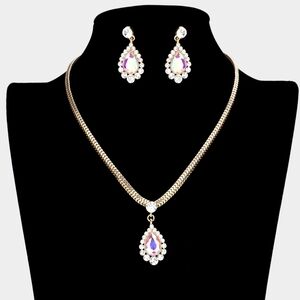 Gold Ab Teardrop Pendant Crystal Necklace Set Earrings Formal Bling Jewelry